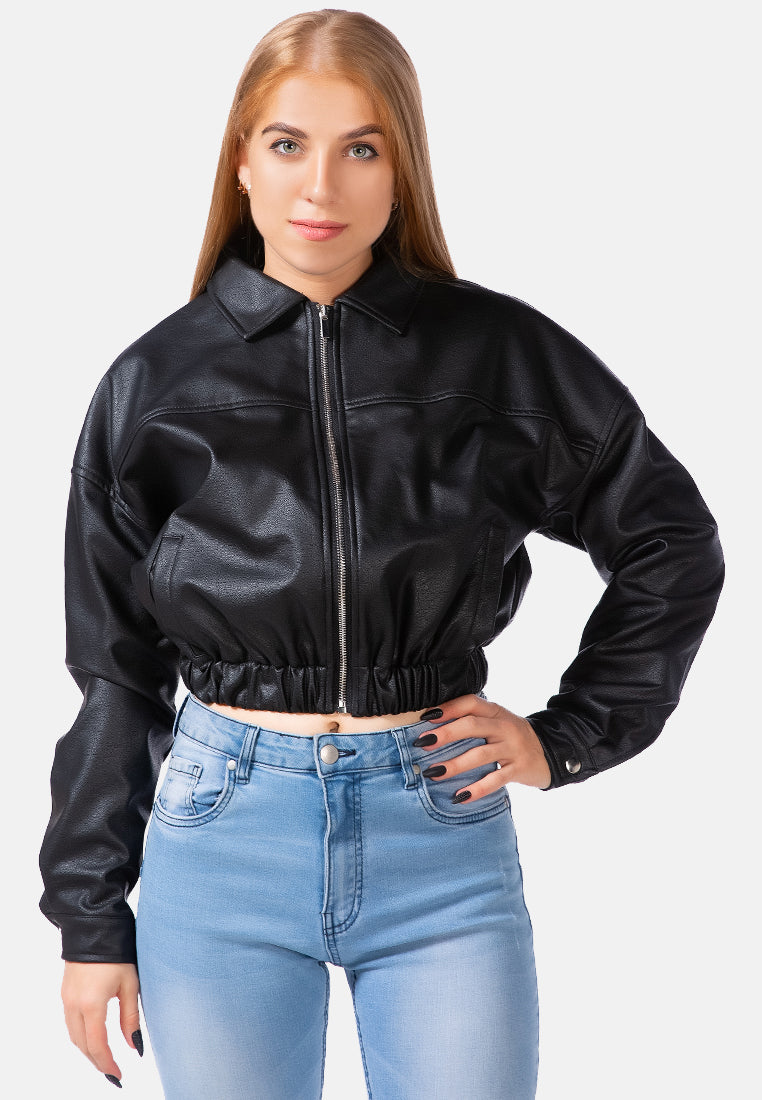 faux leather elasticated hem cropped jacket#color_black