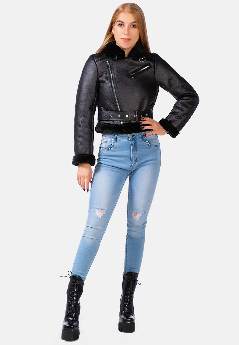 faux leather fur collared biker jacket#color_black