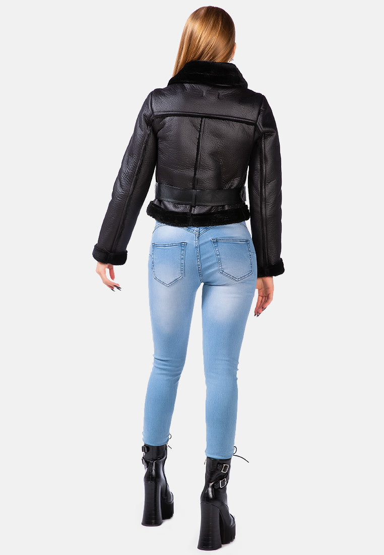 faux leather fur collared biker jacket#color_black