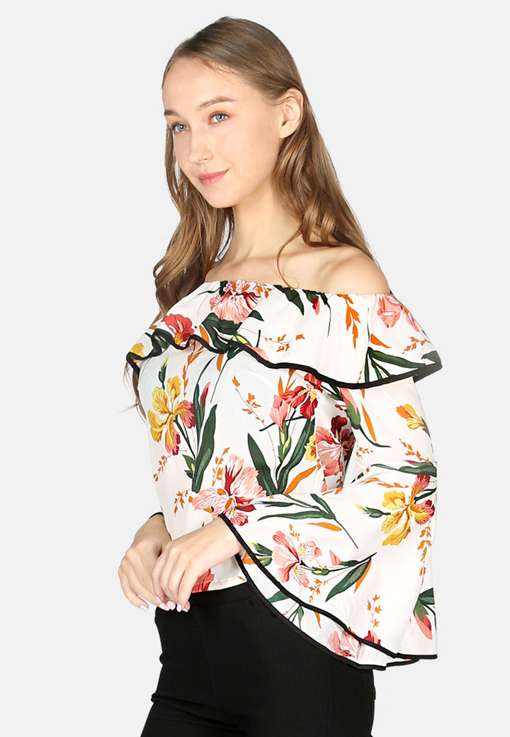 Black Floral Print Off Shoulder Top#color_white