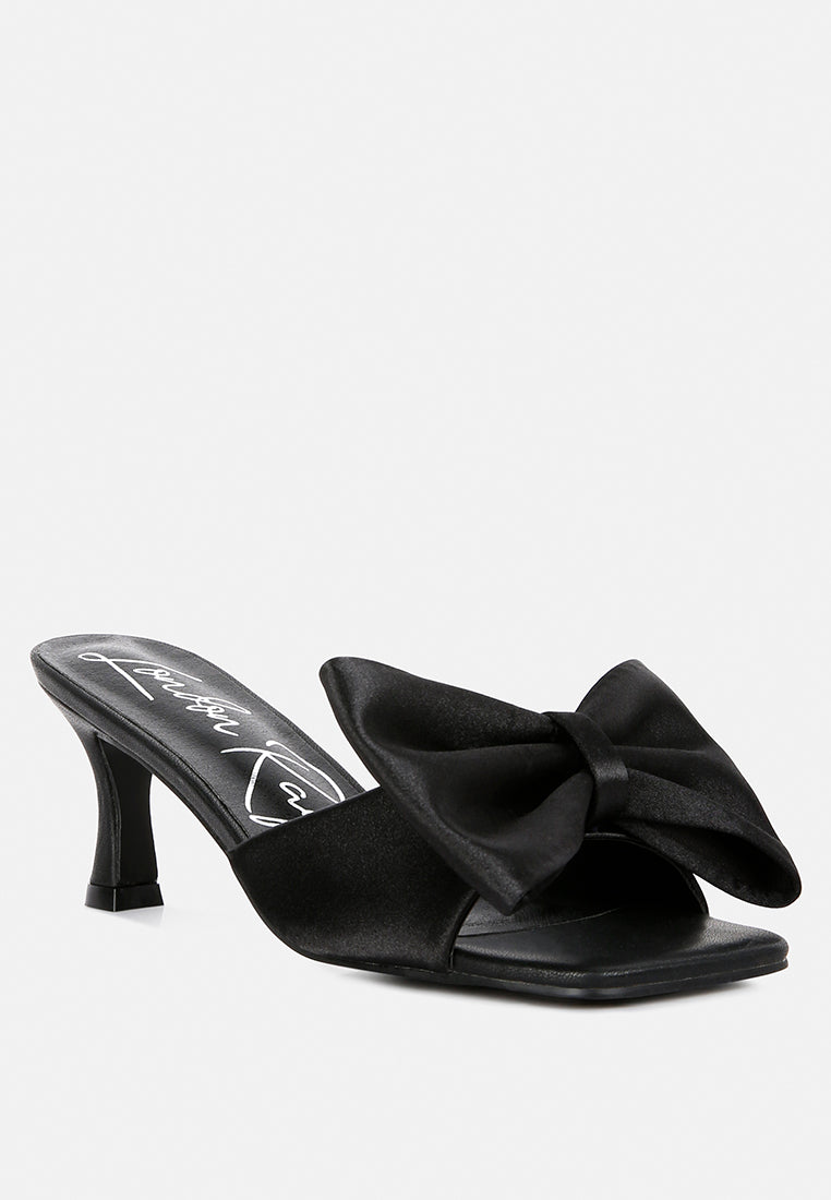 black satin bow kitten heel sandals#color_black