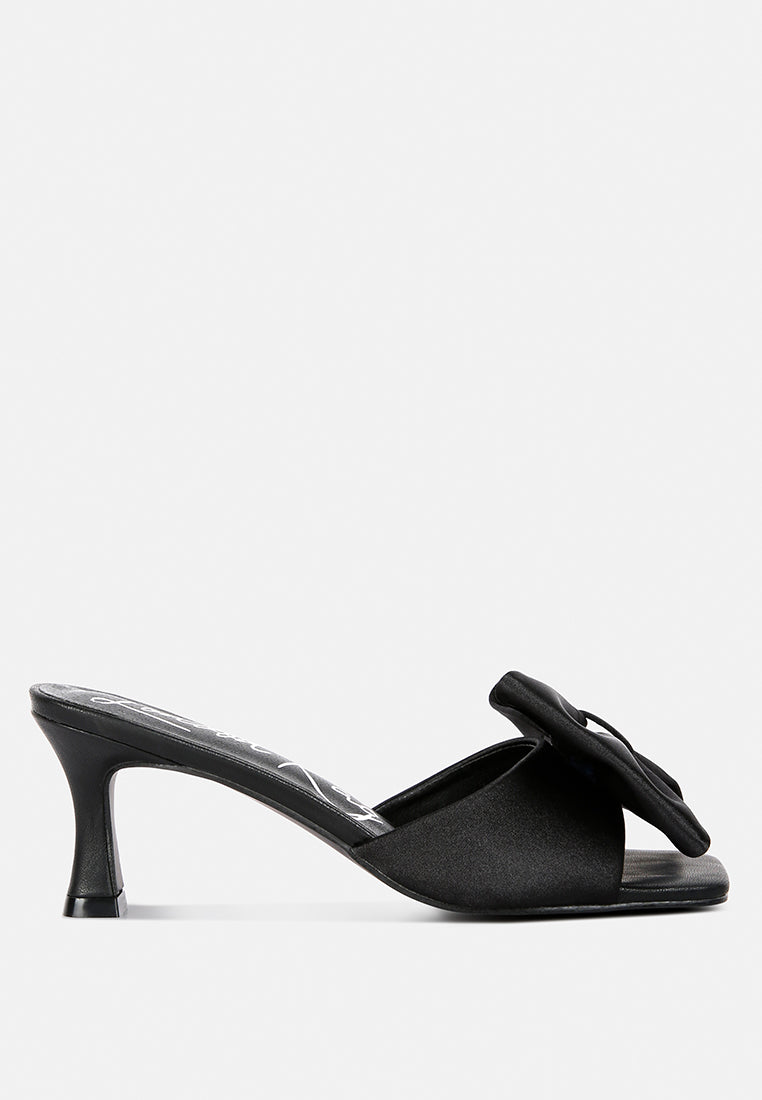 black satin bow kitten heel sandals#color_black