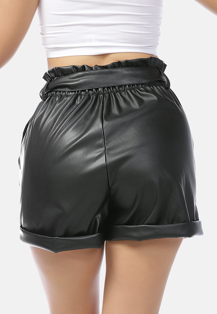 paper bag faux leather shorts#color_black