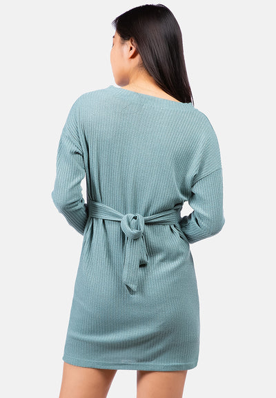 bodycon tie behind knit dress#color_sage-green