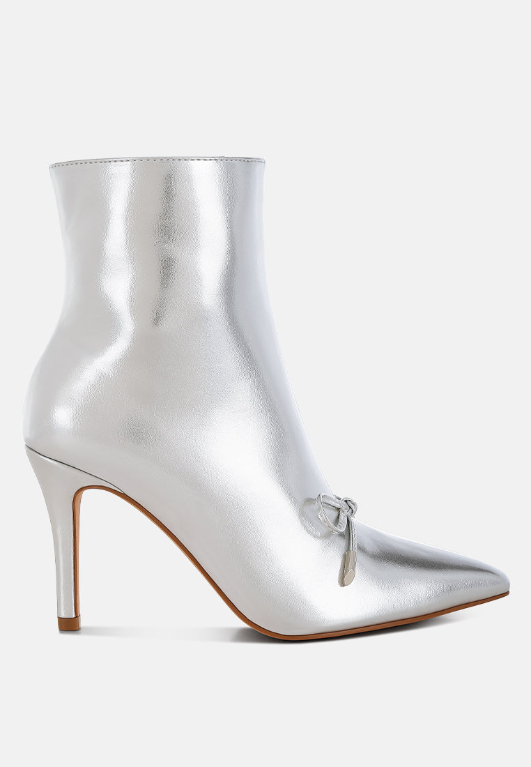 bow detail metallic high ankle boots#color_silver