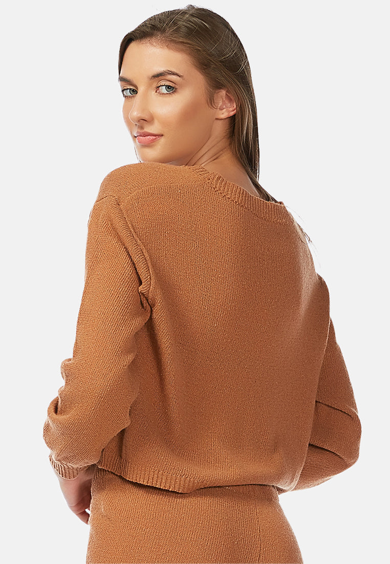 Crew Neck Long Sleeve Pullover#color_brown