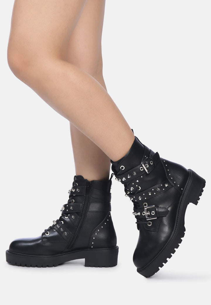 london rag women's buckled faux leather biker boots by motes#color_black