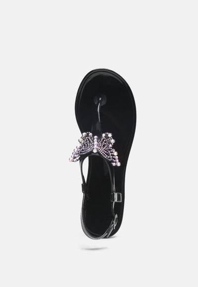 butterfly t strap clear flat sandals#color_black