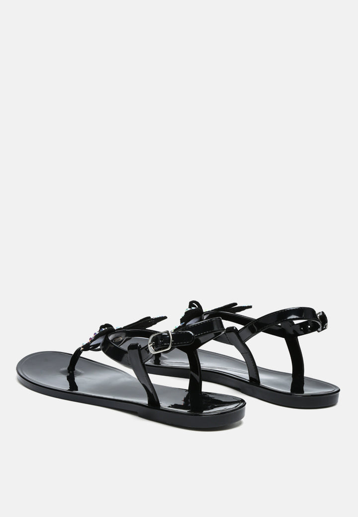 butterfly t strap clear flat sandals#color_black