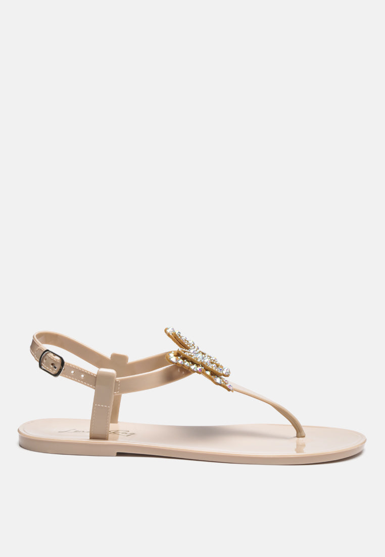 butterfly t strap clear flat sandals#color_nude