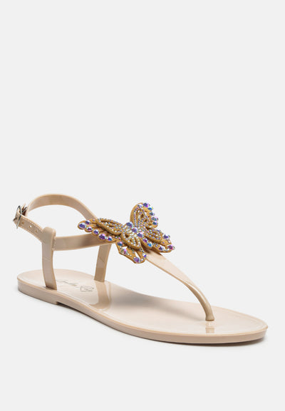 butterfly t strap clear flat sandals#color_nude