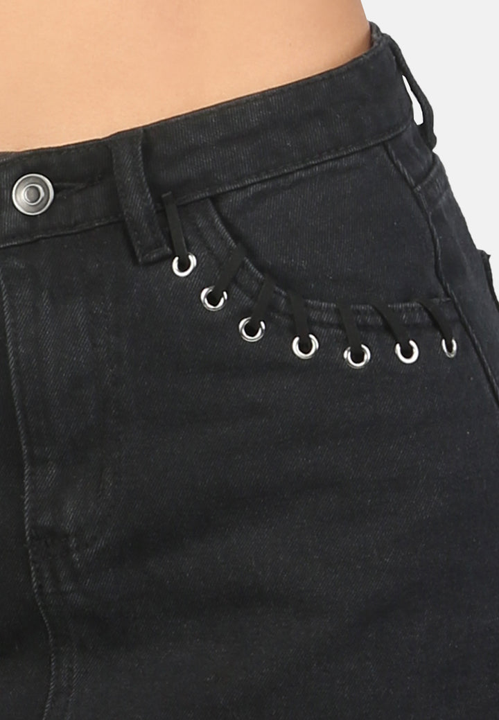 frayed hem mini skirt with eyelets on pockets#color_black