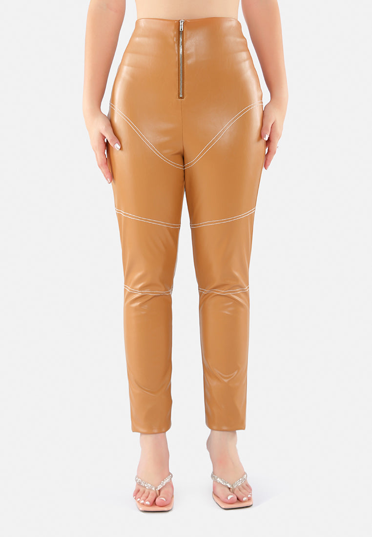 faux leather contrast stitch pants#color_brown