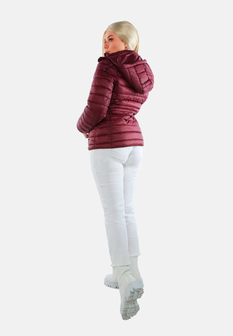 long sleeves puffer hoodie#color_burgundy