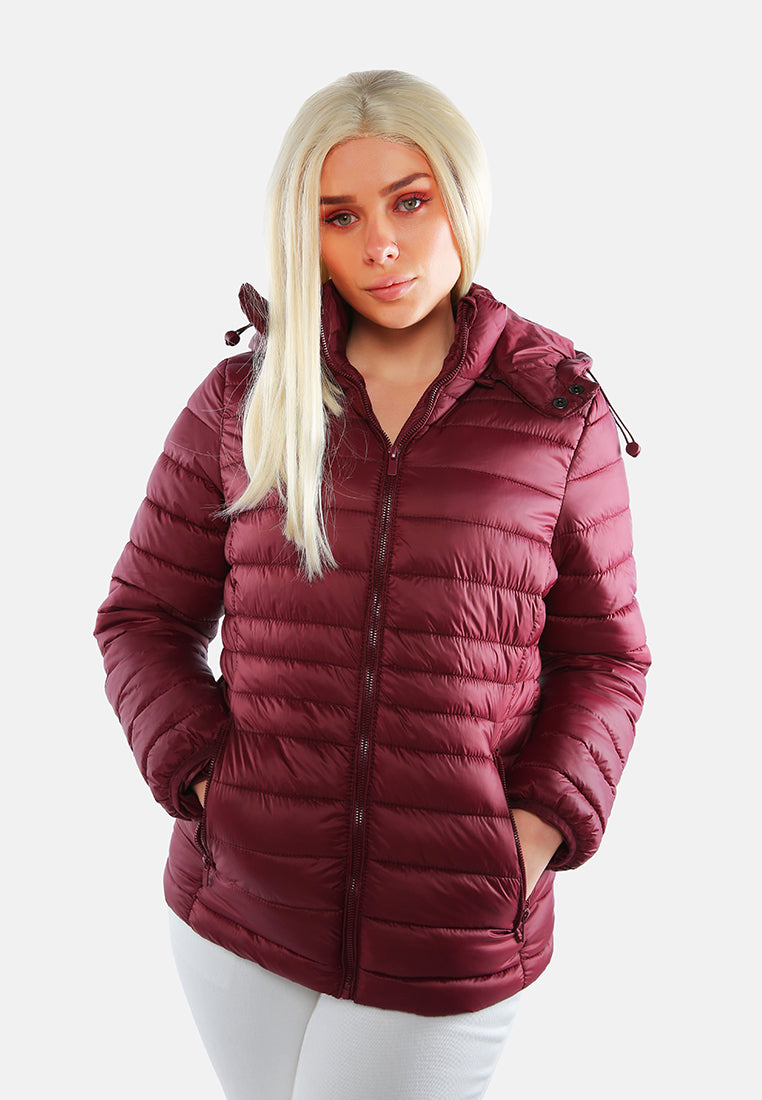 long sleeves puffer hoodie#color_burgundy