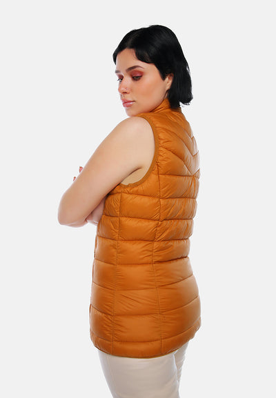 sleeveless puffer jacket in tangerine#color_mustard