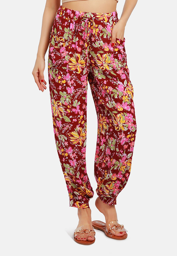 floral printed harem pants#color_burgundy
