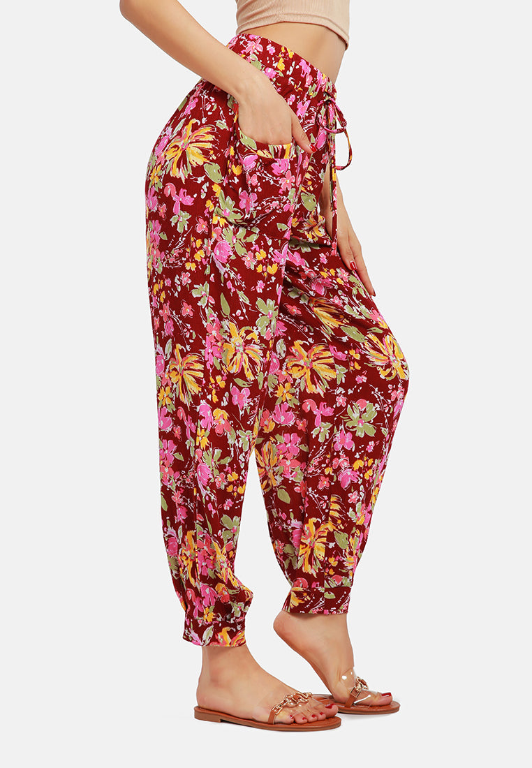 floral printed harem pants#color_burgundy