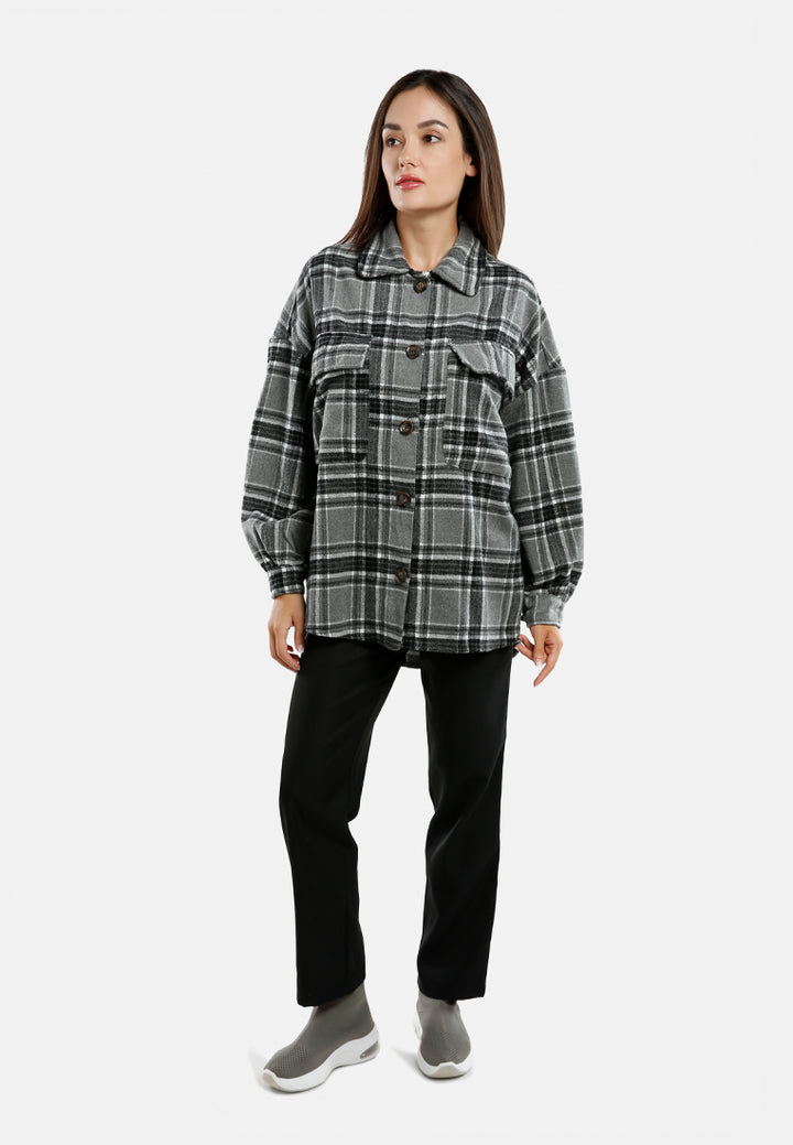 long sleeves oversized checkered shacket by ruw#color_black-white