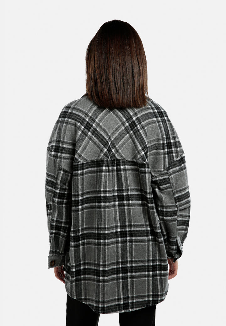 long sleeves oversized checkered shacket#color_black-white