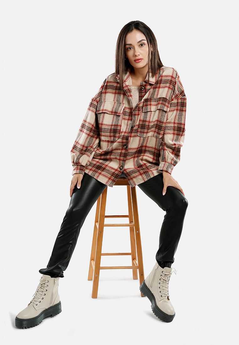 long sleeves oversized checkered shacket#color_red-beige