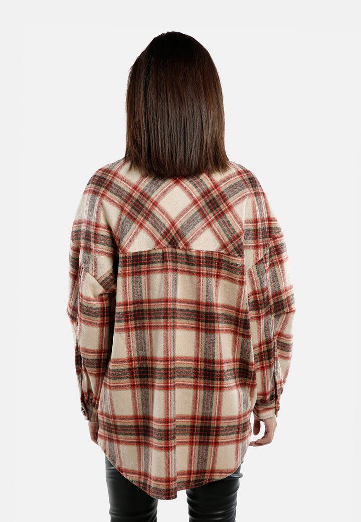 long sleeves oversized checkered shacket#color_red-beige
