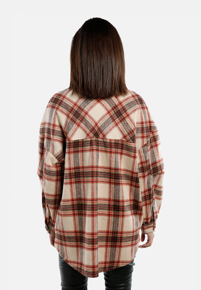 long sleeves oversized checkered shacket by ruw#color_red-beige