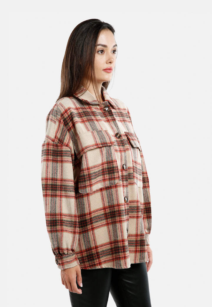 long sleeves oversized checkered shacket by ruw#color_red-beige