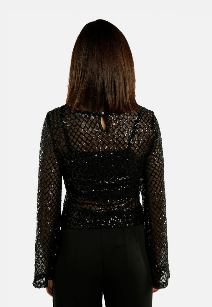 sheer sequin long sleeve top#color_black