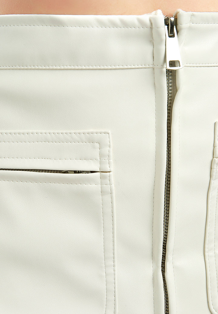 faux leather zipper detail mini skirt#color_cream