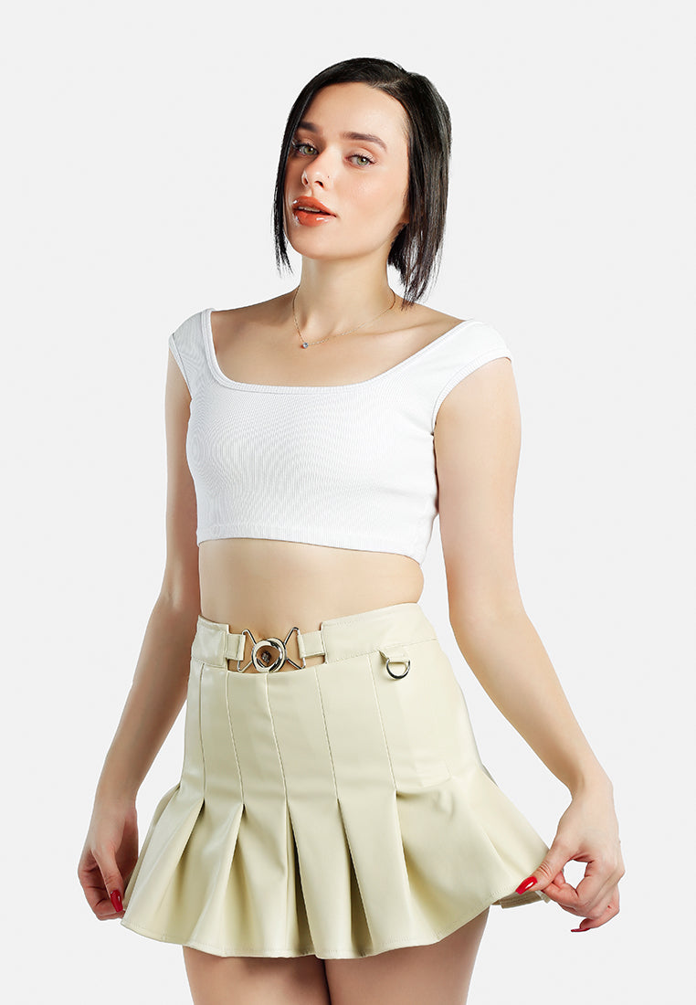 faux leather pleated skirt#color_cream
