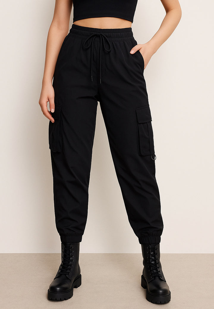 drawstring utility pocket cargo pants#color_black