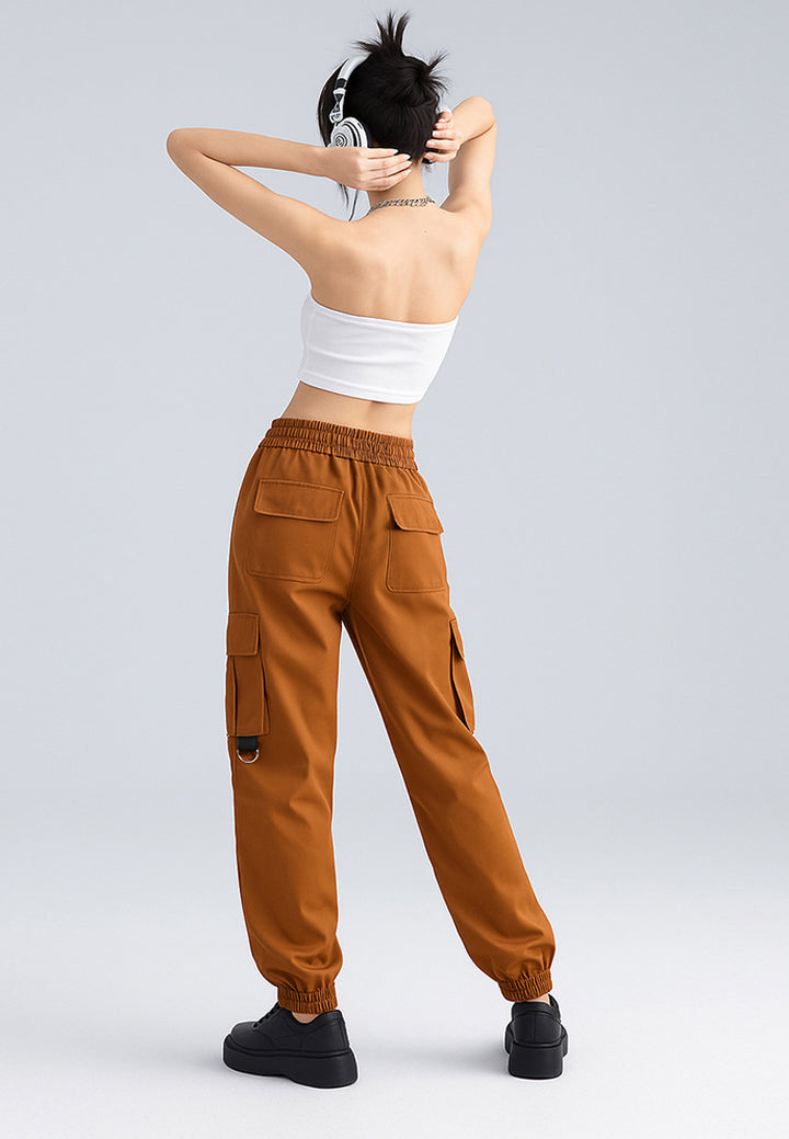 drawstring utility pocket cargo pants#color_brown