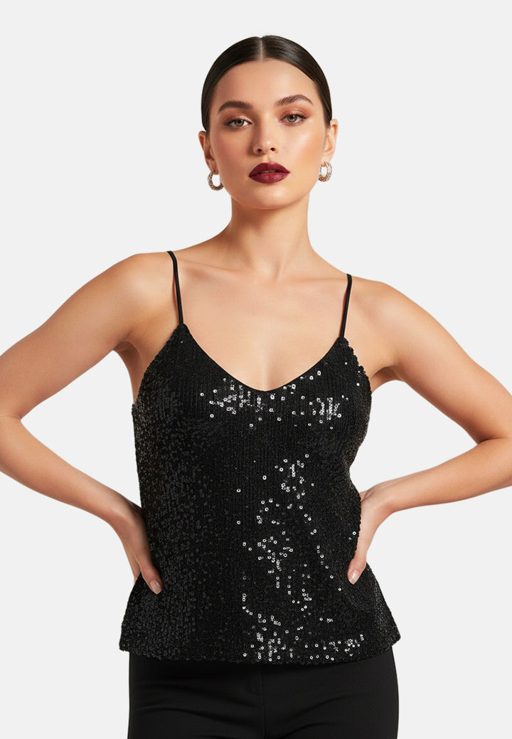 sequin sleeveless top#color_black