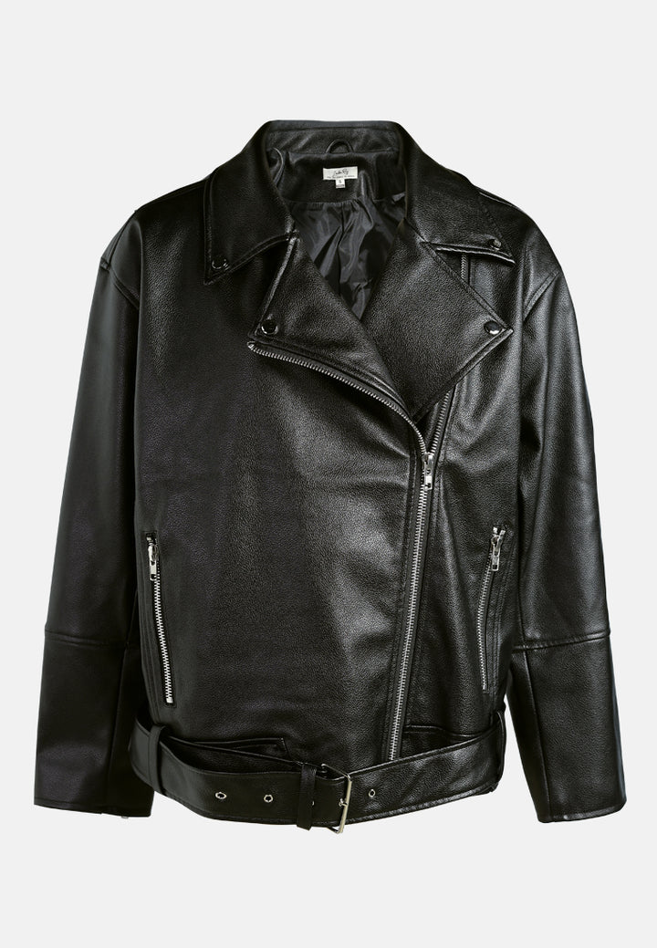 belted oversized biker jacket by ruw#color_black