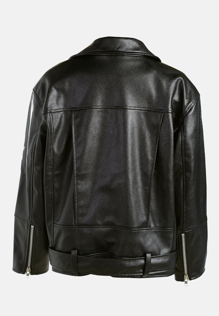 belted oversized biker jacket by ruw#color_black