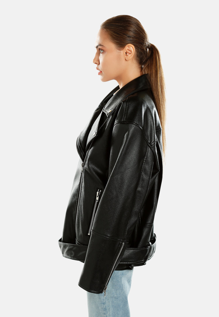 belted oversized biker jacket by ruw#color_black