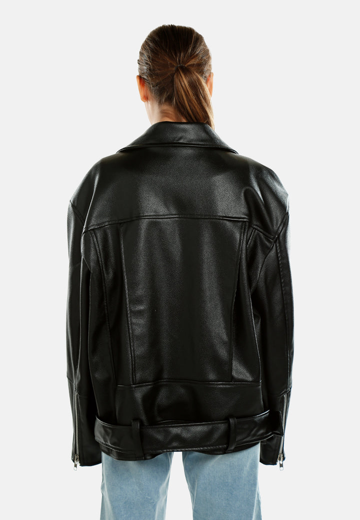 belted oversized biker jacket by ruw#color_black