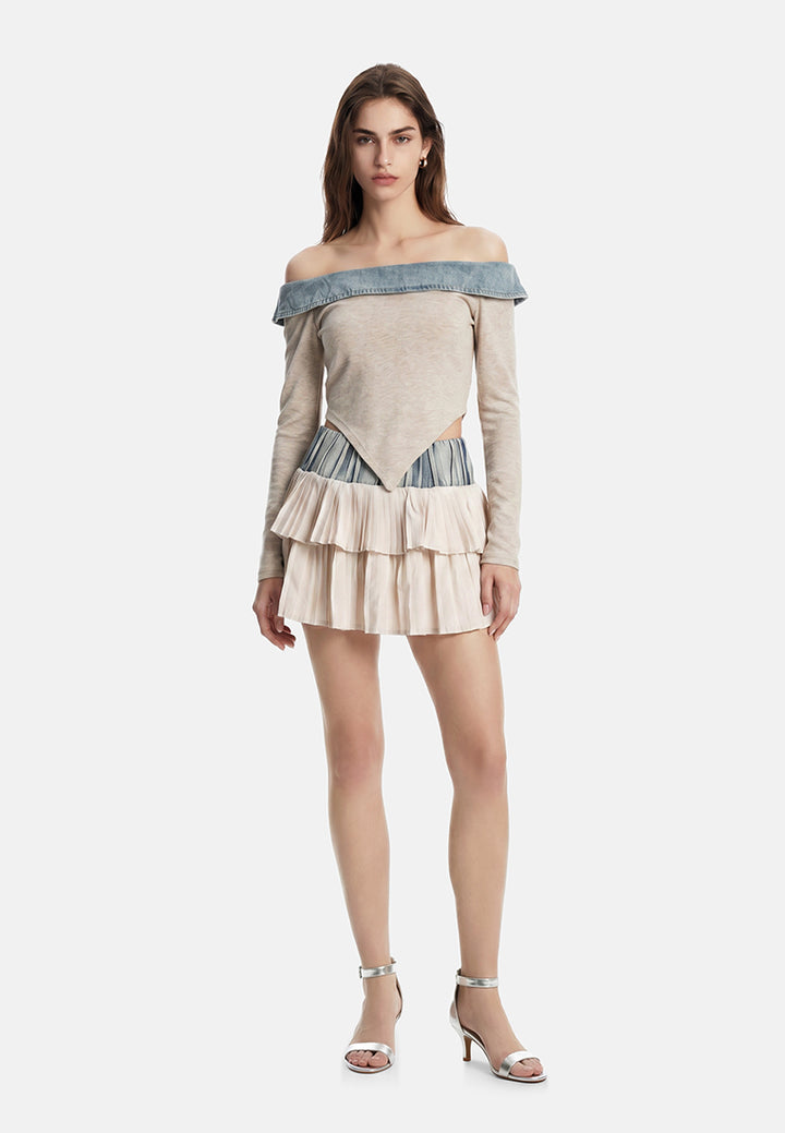 off-shoulder denim paneling top by ruw#color_blue