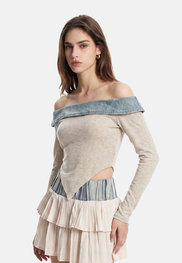 off-shoulder denim paneling top by ruw#color_blue