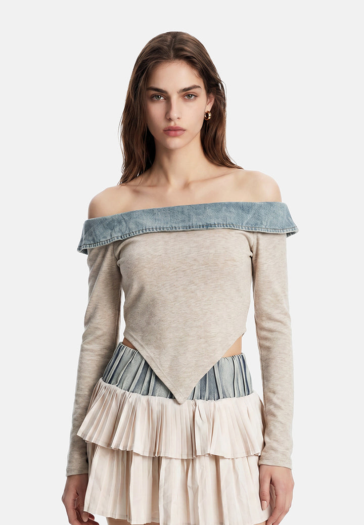 off-shoulder denim paneling top by ruw#color_blue
