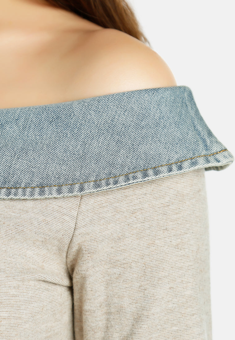 off-shoulder denim paneling top by ruw#color_blue