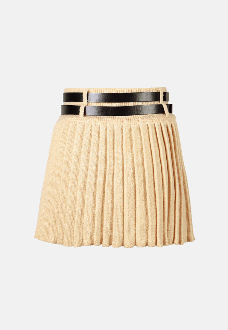 dual belt pleated skirt by ruw#color_khaki