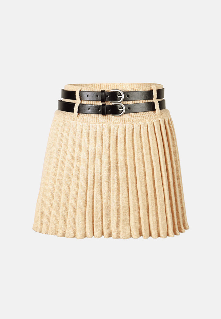 dual belt pleated skirt by ruw#color_khaki