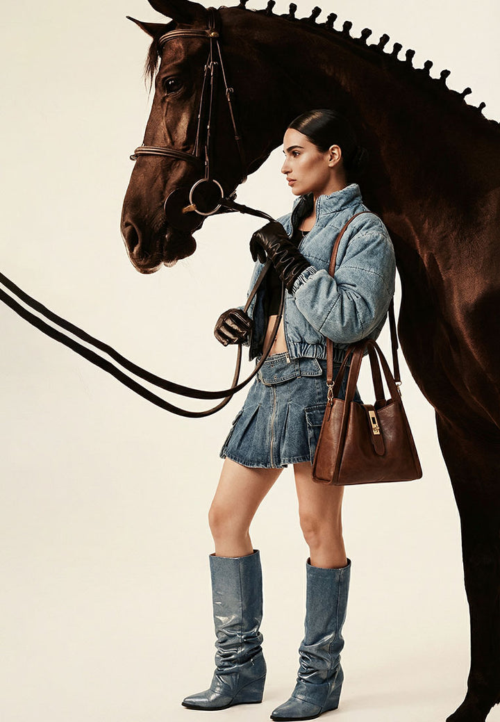 denim puffer short jacket by ruw#color_mid-wash