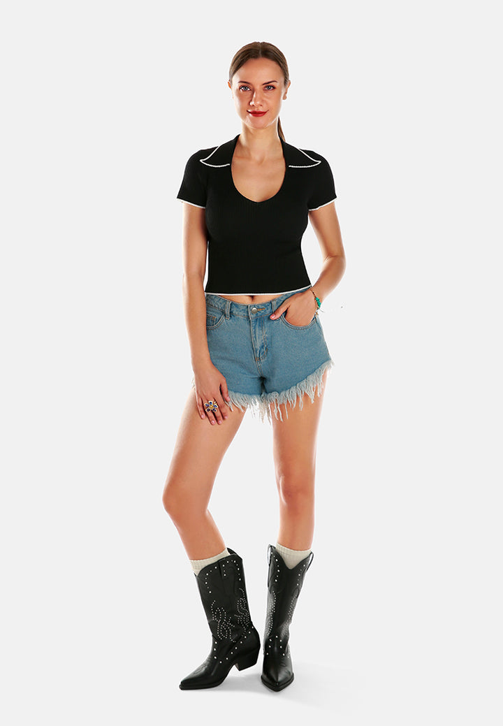 deep scoop neck polo tshirt by ruw#color_black-white