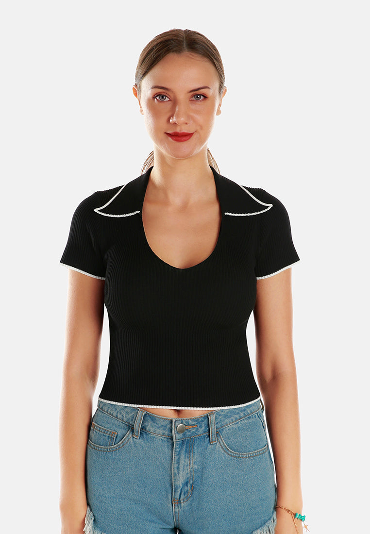 deep scoop neck polo tshirt by ruw#color_black-white