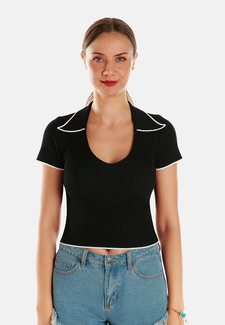 deep scoop neck polo tshirt by ruw#color_black-white