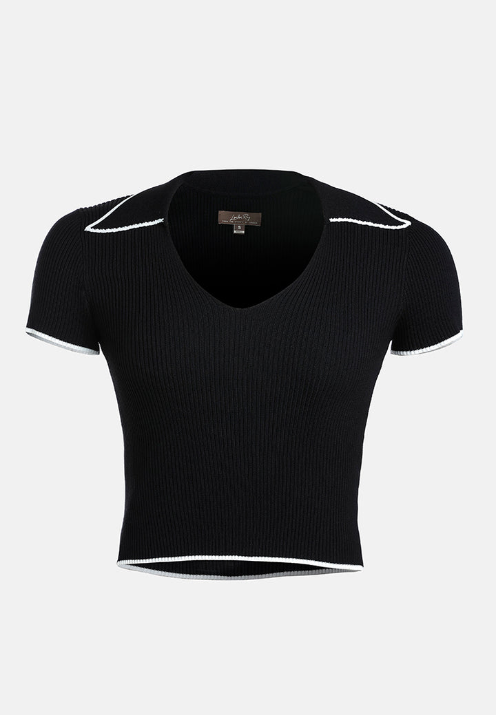 deep scoop neck polo tshirt by ruw#color_black-white