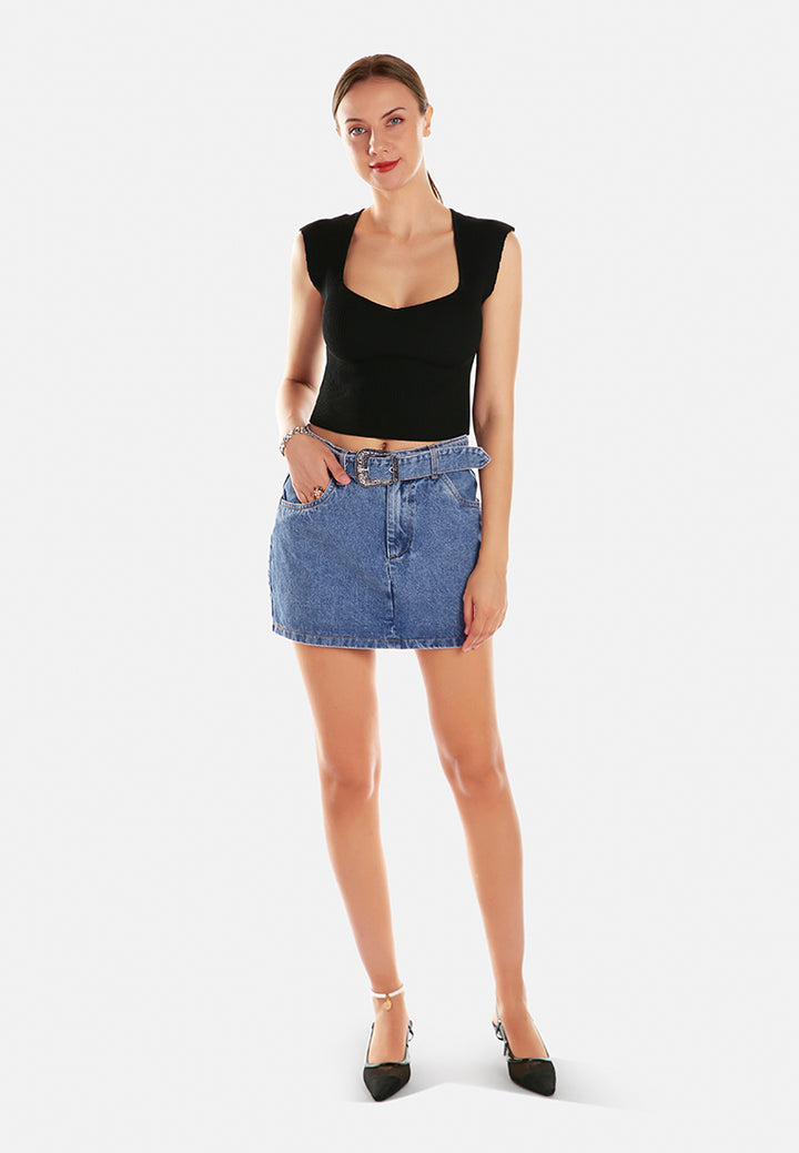 sculpted buckle mini skirt by ruw#color_mid-blue